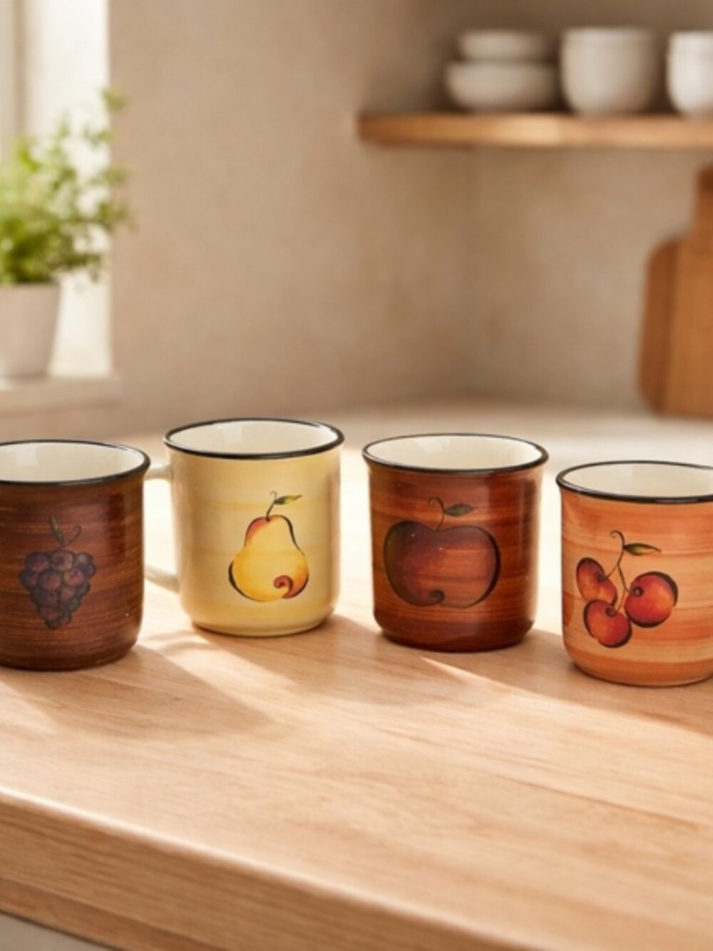 Set of 4 Oneida Vintage Farm House Coffee Mugs Cherry, Grape, Pear, and Apple